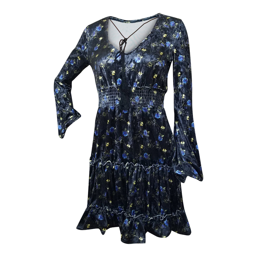 Black Floral Velvet Empire Waist Dress