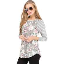 Gray Floral Raglan With Striped 3/4 Length Sleeves