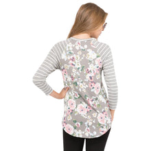 Gray Floral Raglan With Striped 3/4 Length Sleeves