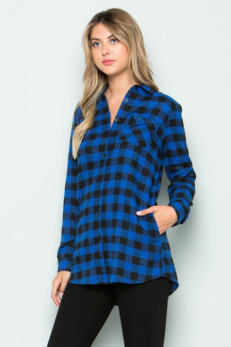 Blue Buffalo Plaid Button Down Top With Side Pockets