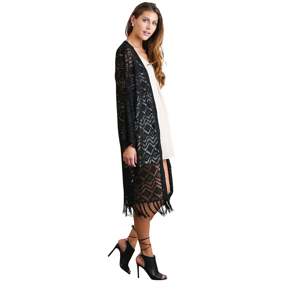 Black Lace Cardigan Sweater With Fringe Hemline L.E. Jolie Black Lace Cardigan Sweater With Fringe Hemline L.E. Jolie