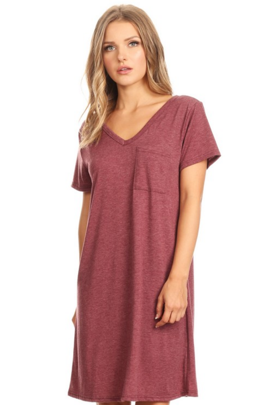 New! Cross Back V-Neck Pocket T-Shirt Dress - Burgundy L.E. Jolie New! Cross Back V-Neck Pocket T-Shirt Dress - Burgundy L.E. Jolie