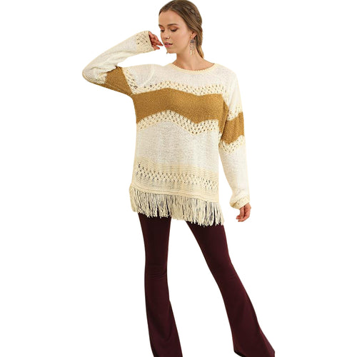 Ochre Sweater With Fringe Edges and Crochet Detail