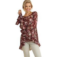 Floral Print Top With Ruffled Details - Wine