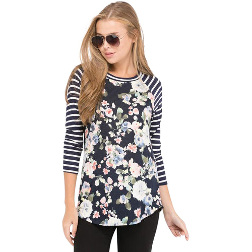 Navy Floral Raglan With Striped 3/4 Length Sleeves