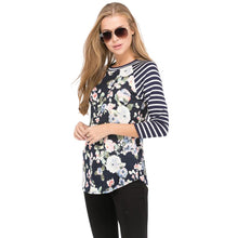 Navy Floral Raglan With Striped 3/4 Length Sleeves