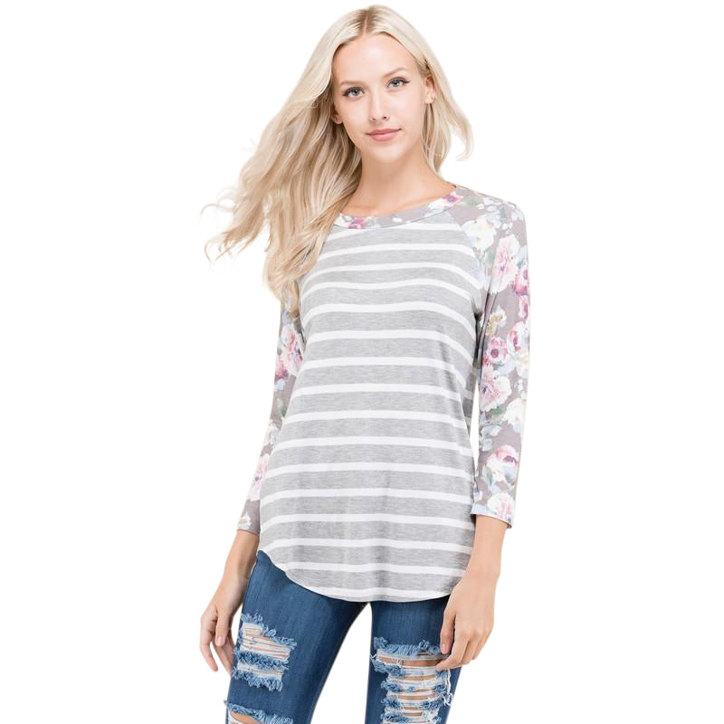 Gray Striped Raglan With Floral 3/4 Length Sleeves