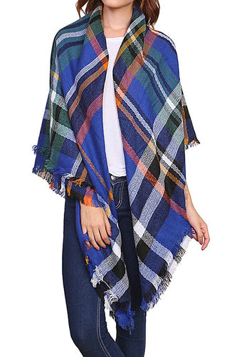 Royal Blue Fringed Plaid Scarf