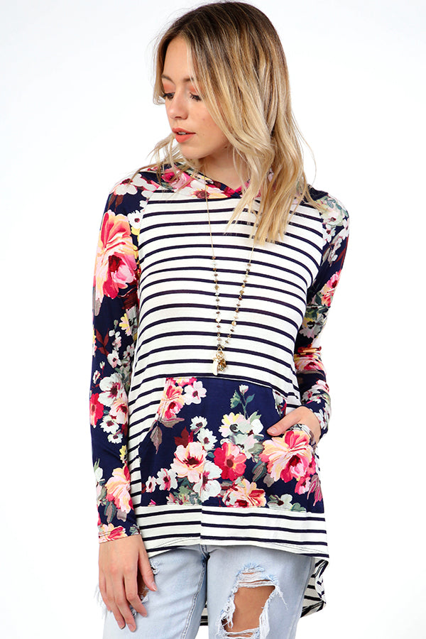 New!  Striped Contrast Floral Hooded Top - Navy