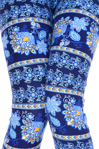 Blue Flower Print Brushed Leggings